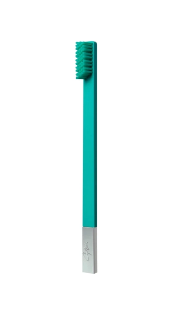 A turquoise blue and silver medium toothbrush with a manual handle and a bristled head.