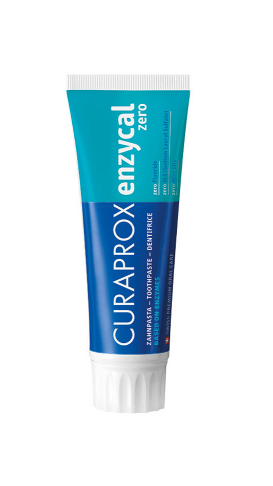 A tube of Curaprox Enzycal toothpaste, with packaging primarily in blue and white.
