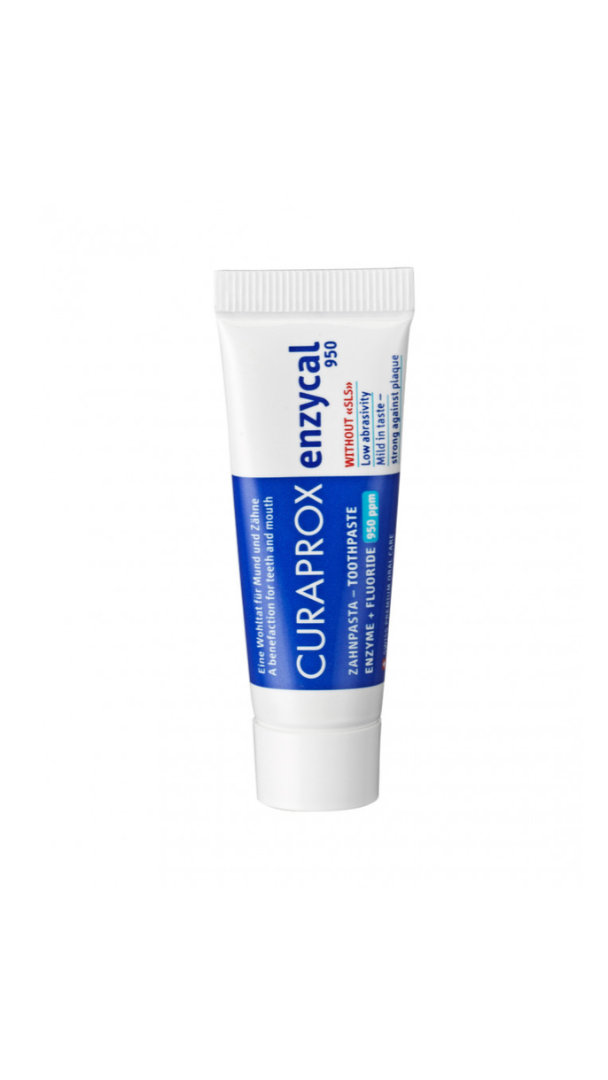 A tube of Curaprox Enzycal toothpaste, with packaging primarily in blue and white.