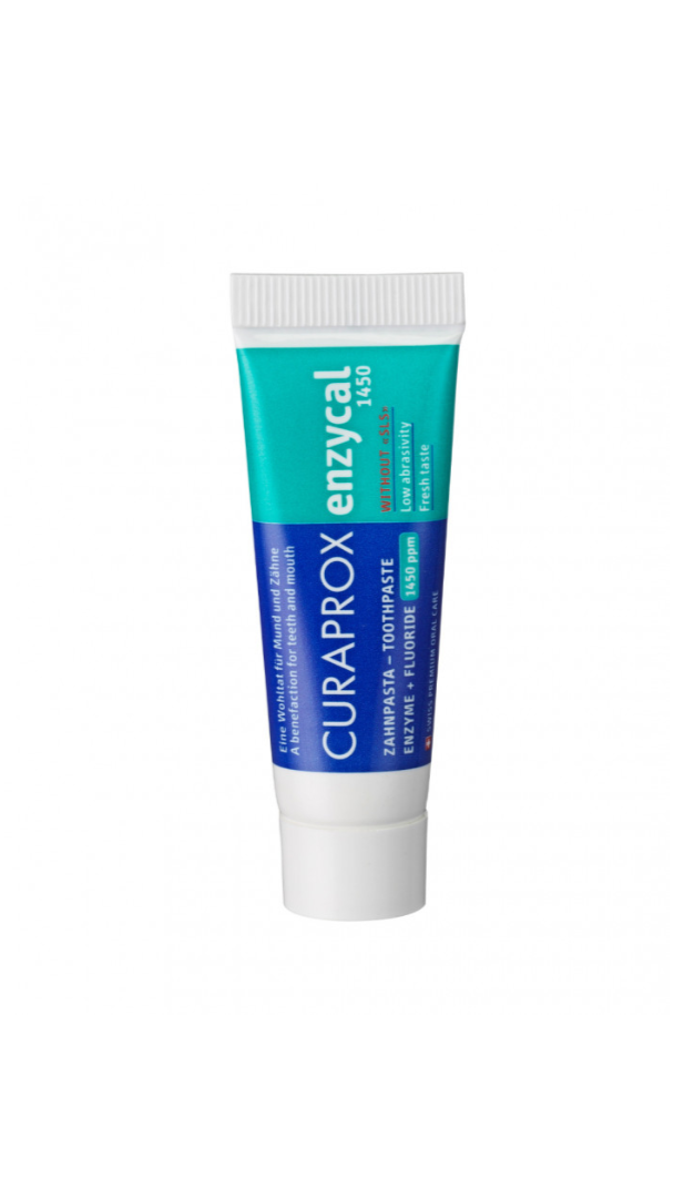 A tube of Curaprox Enzycal toothpaste, with packaging primarily in blue and white.