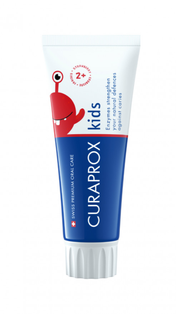 A tube of Curaprox kids' toothpaste with a cartoon character on the packaging, indicating it is designed for children.