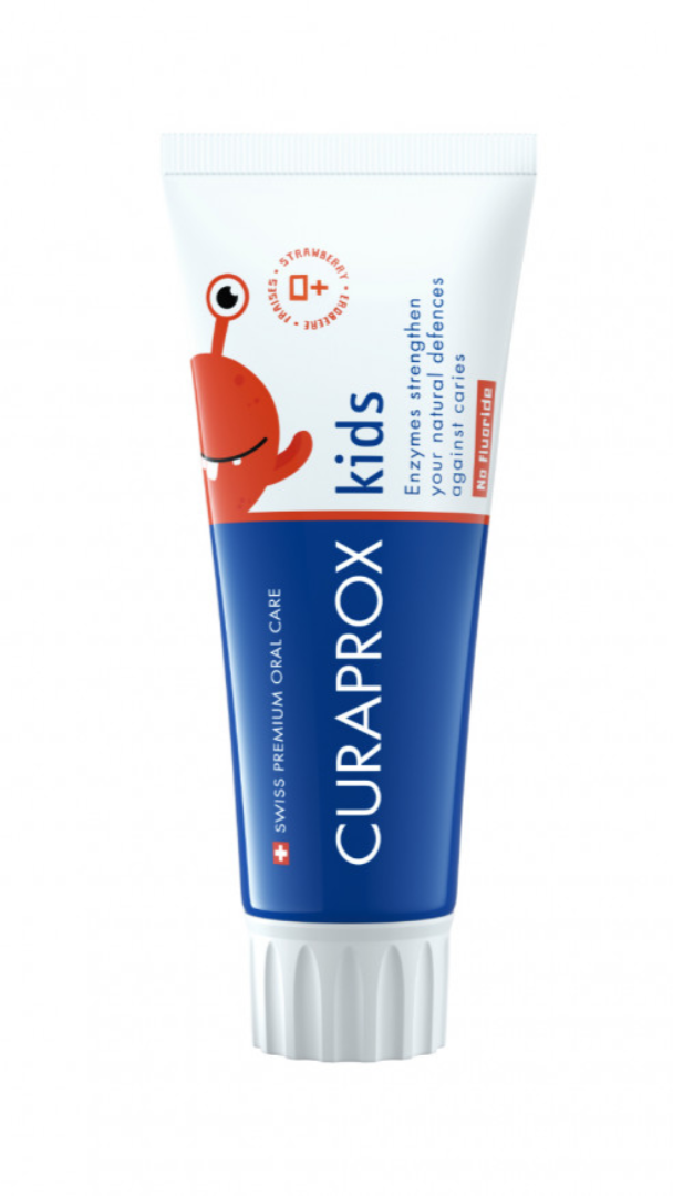 A tube of Curaprox kids' toothpaste with a cartoon character on the packaging, indicating it is designed for children.