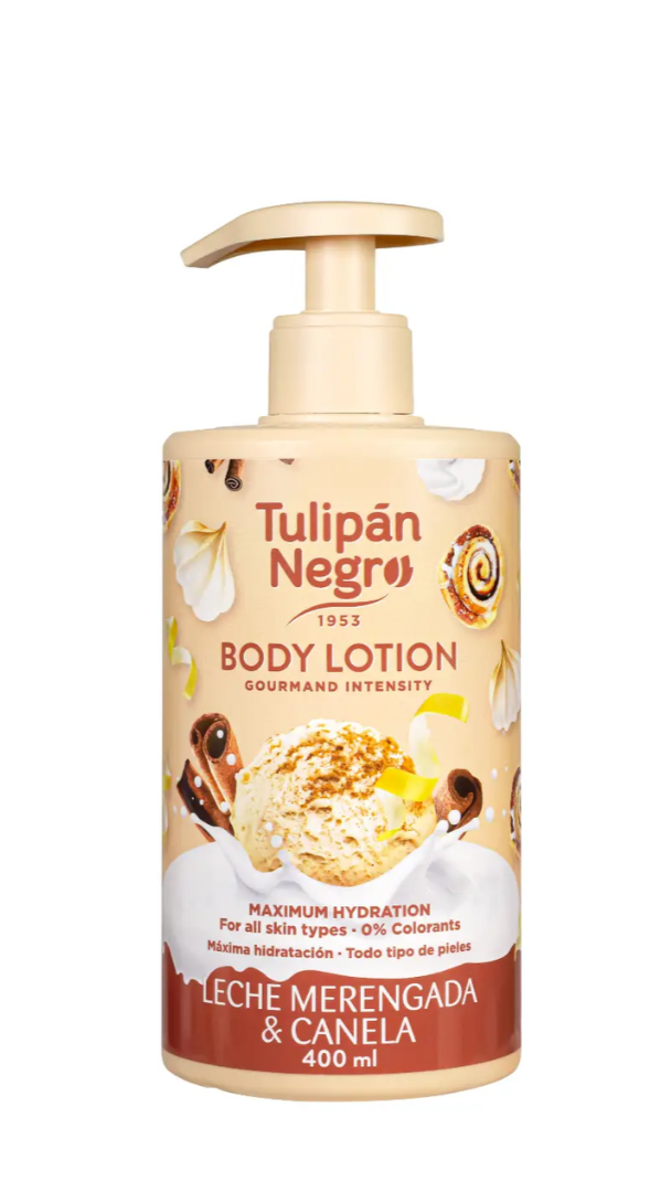 A pump bottle of Tulipan Negro body lotion with 'Molochne Beze' fragrance, featuring images of cream, vanilla, and cinnamon.
