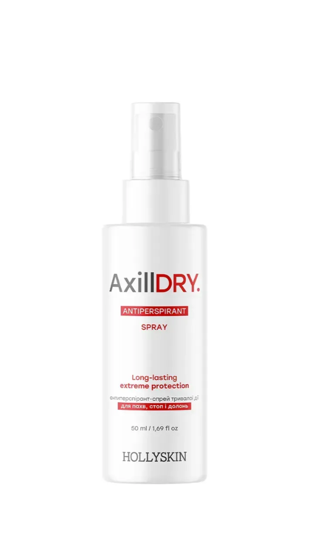 AxillDry antiperspirant spray bottle on a white background