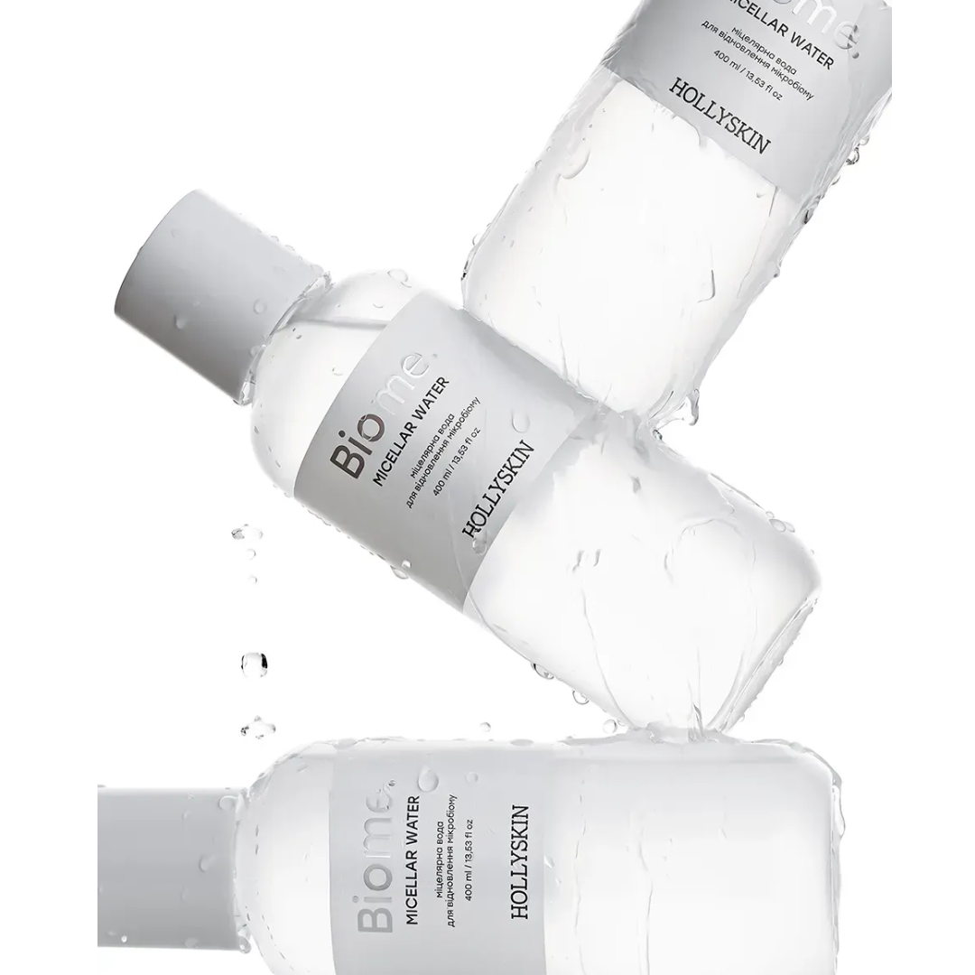 Three bottles of Hollyskin Biome Micellar Water on a white background