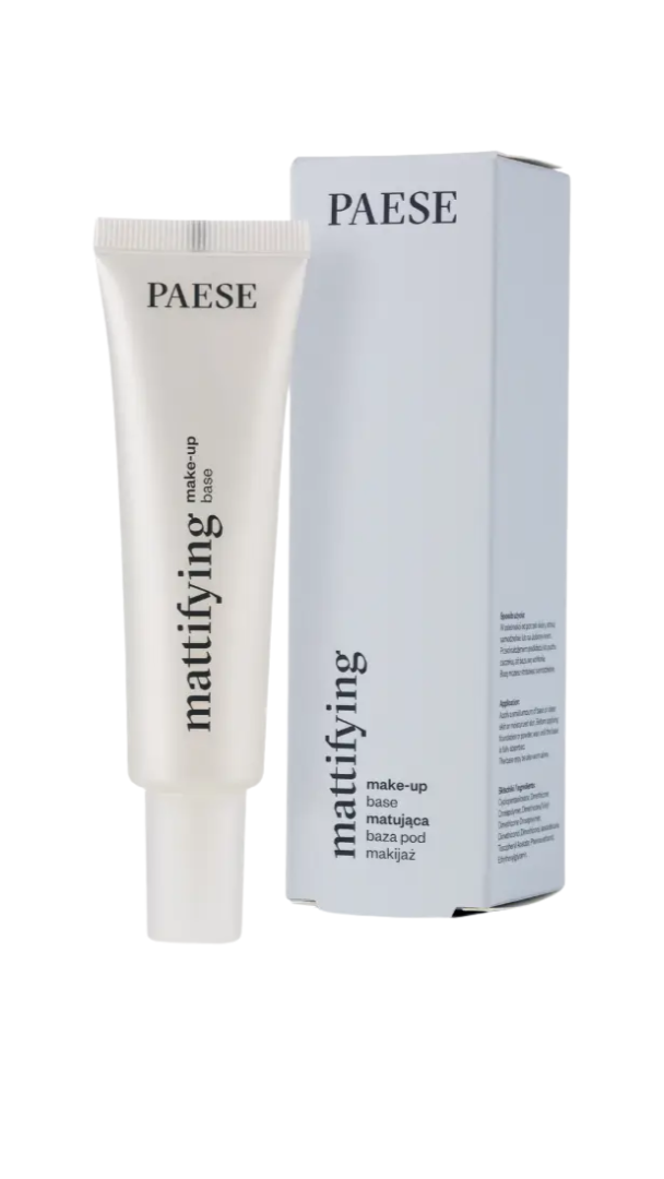 PAESE mattifying makeup base tube and packaging on a white background