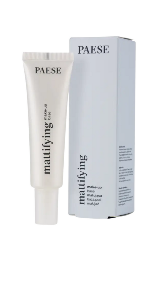 PAESE mattifying makeup base tube and packaging on a white background