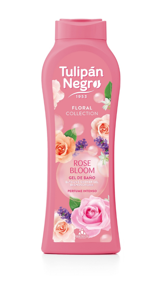 Pink bottle of Tulipón Negro Rose Bloom bath gel on a white background