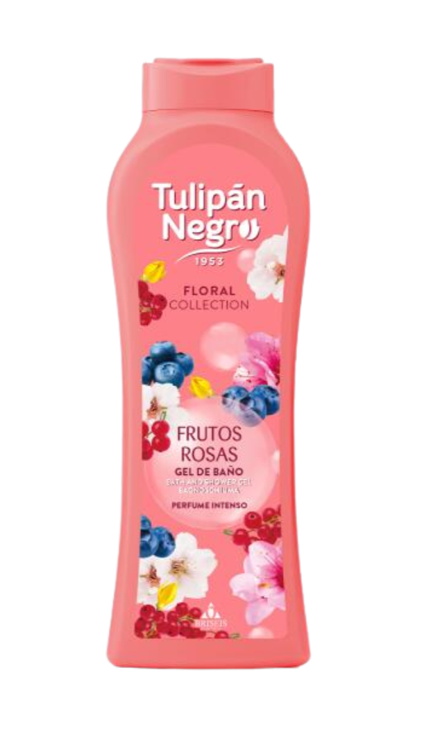 Pink bottle of Tulipón Negro bath gel with floral and fruit design on a white background