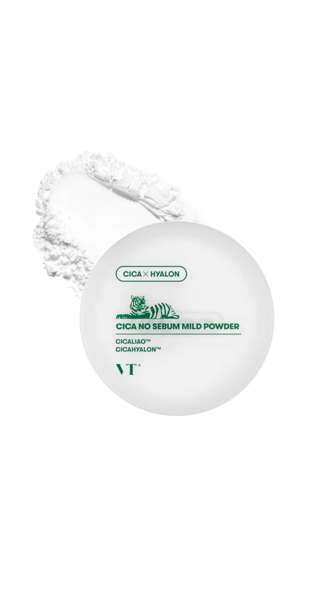 Round white powder compact with green text on a white background