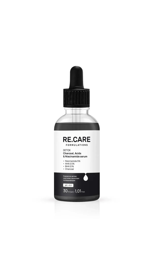 Сироватка-детокс з вугіллям, кислотами та ніацинамідом Detox Charcoal, Acids & Niacinamide Serum 30ml, Recare