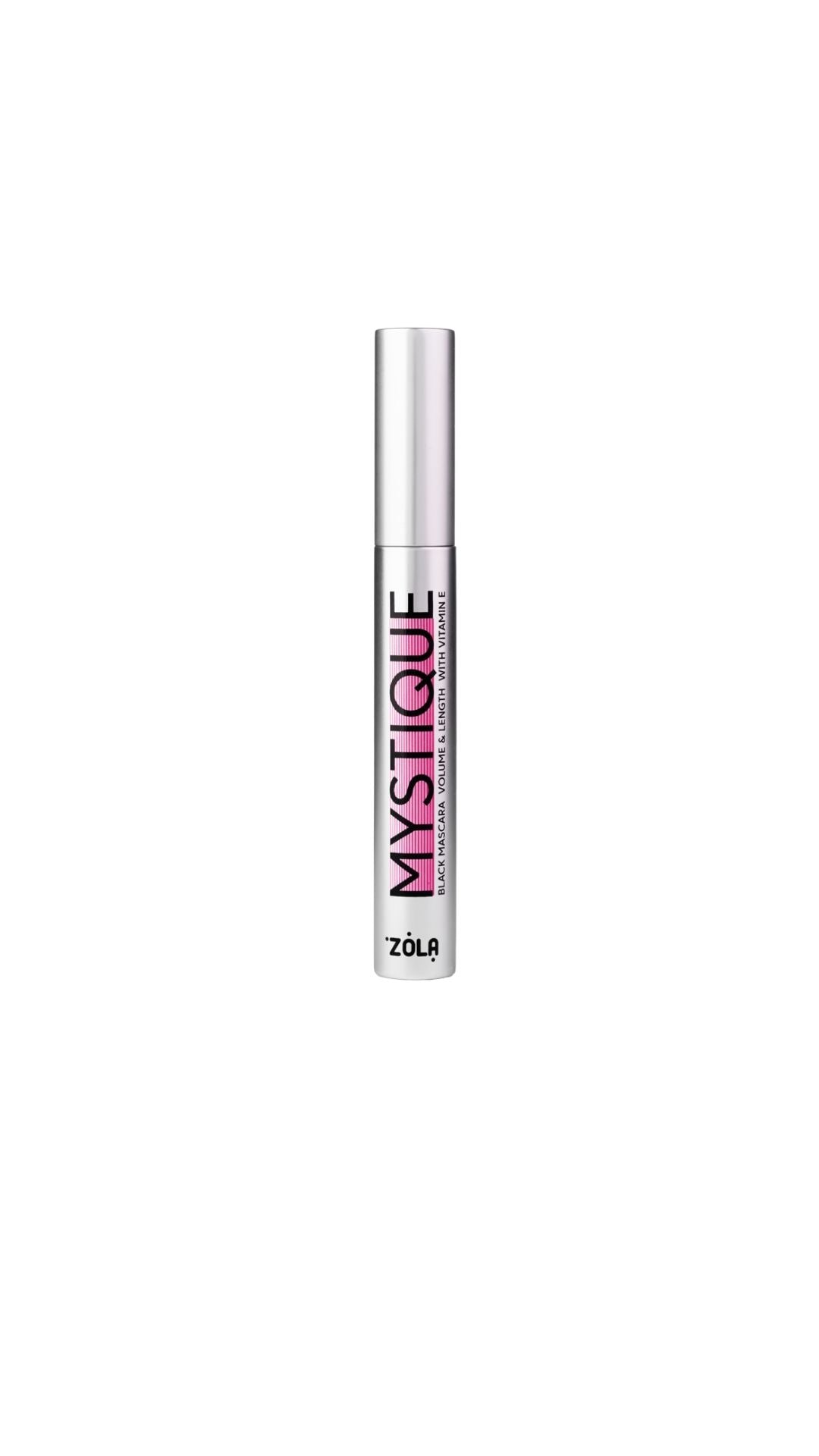 Mascara tube labeled 'Mystique' by Zola on a white background