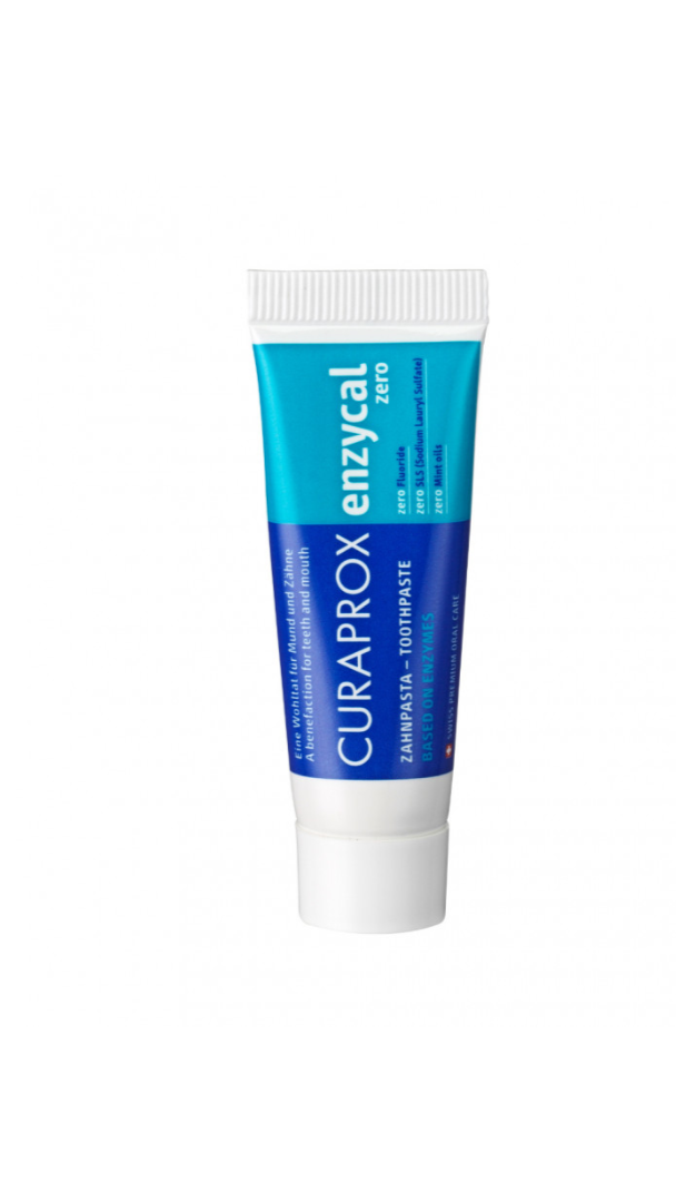 A tube of Curaprox Enzycal toothpaste, with packaging primarily in blue and white.