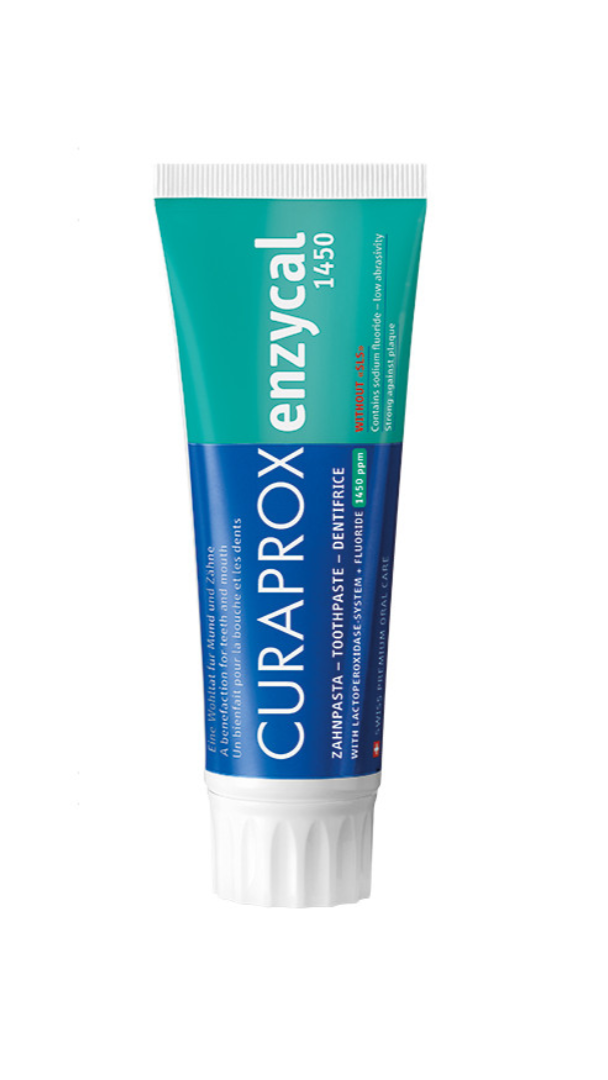A tube of Curaprox Enzycal toothpaste, with packaging primarily in blue and white.