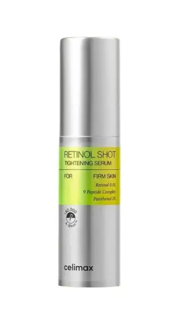 A bottle of CELIMAX Vita-A Retinol Shot Tightening Serum with a label that includes the product name and benefits, such as 'Anti-Wrinkle' and 'Firming & Lifting'. The bottle is tall and slender with a light background.