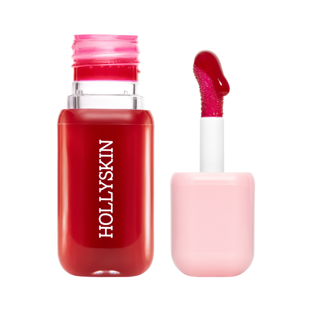 Red Hollyskin lip gloss with a pink applicator on a white background