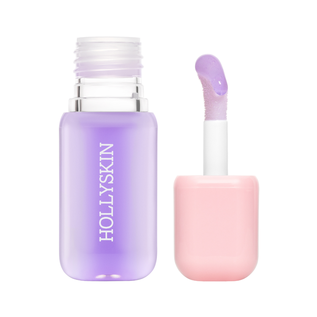 Hollyskin cosmetic product with purple liquid and pink applicator on a white background