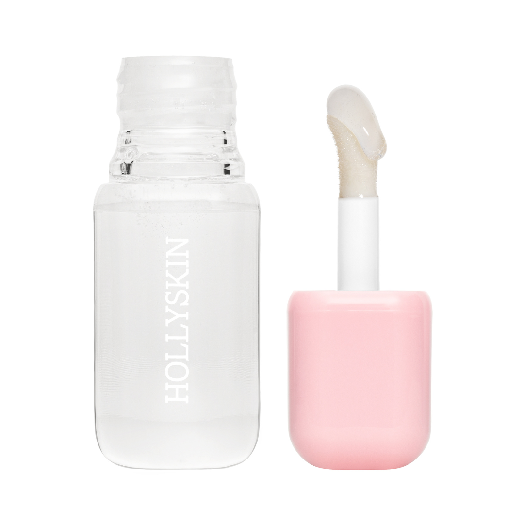 Clear bottle with white cap and pink applicator on a white background