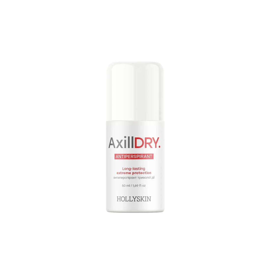 Hollyskin AxillDry antiperspirant bottle on a white background