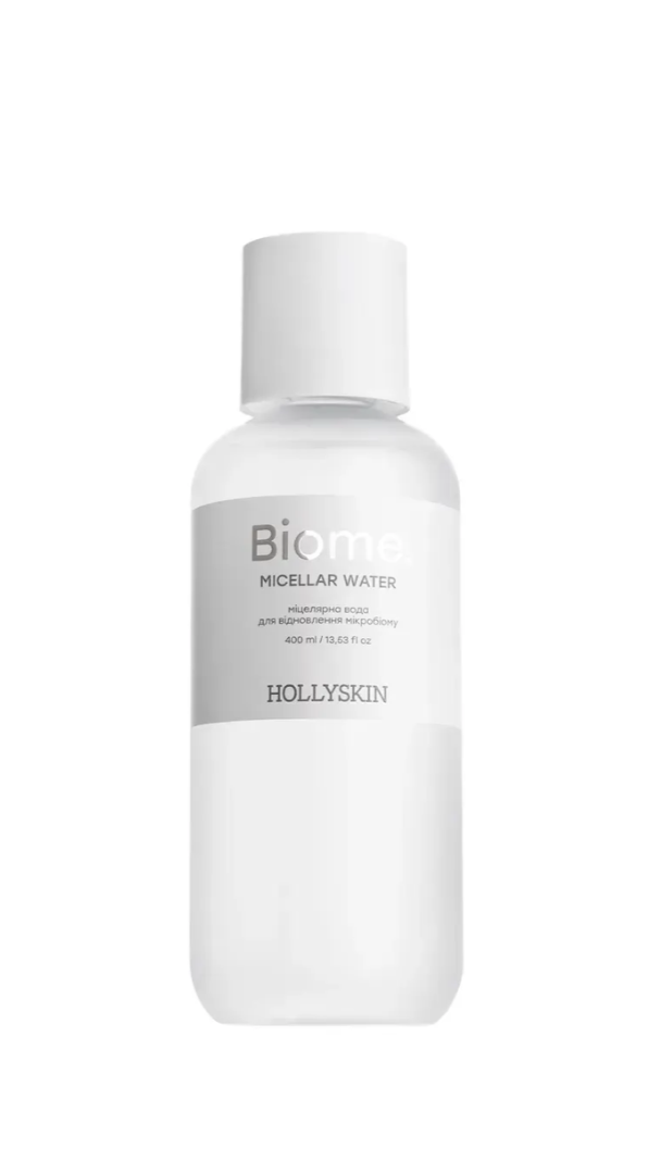 Bottle of Hollyskin Biome Micellar Water on a white background