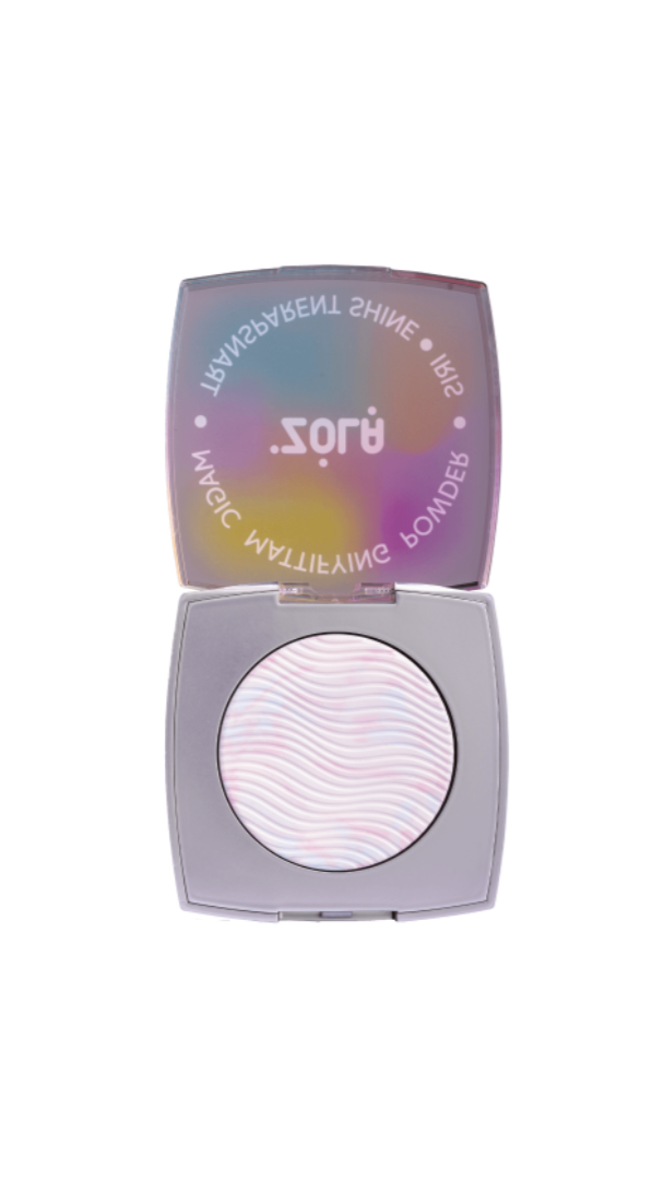 Makeup compact with a colorful lid on a white background