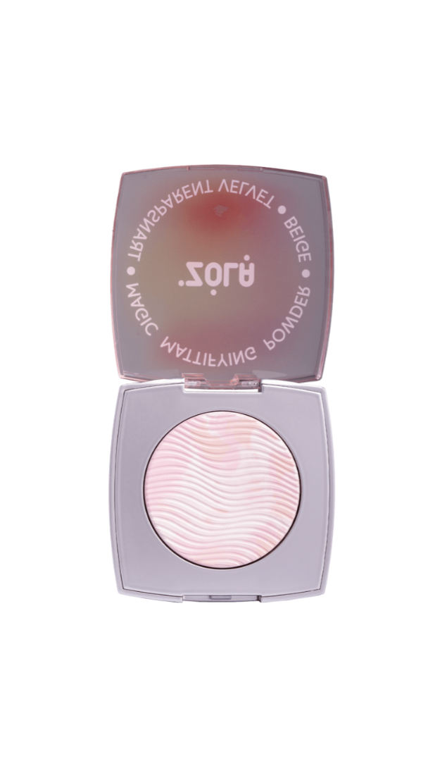 Makeup compact with pink powder on a white background