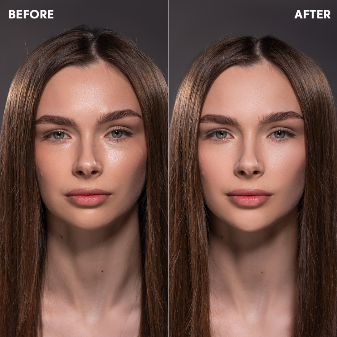 Before and after comparison of a woman's face with a neutral background