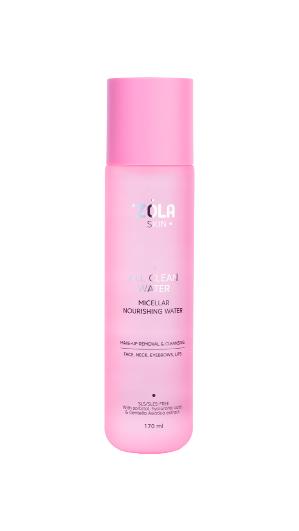 Pink bottle of Micellar Nourishing Water on a white background