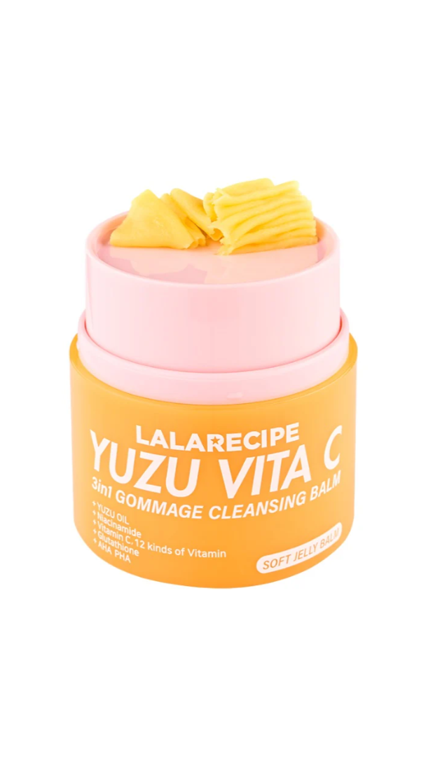 Lalarecipe Yuzu Vita C scrub with pink and yellow colors on a white background