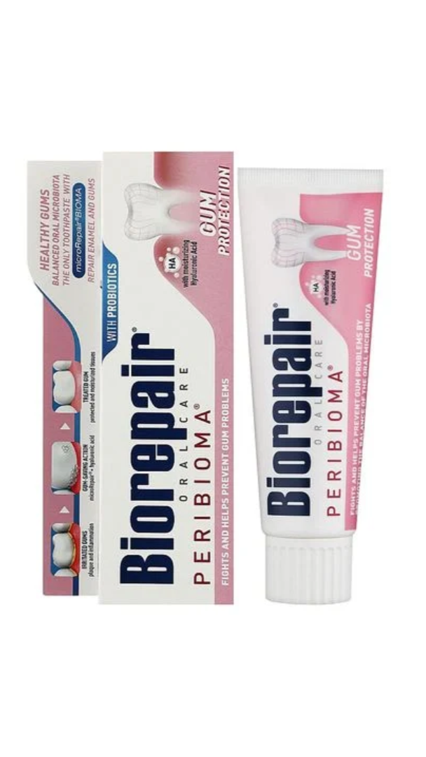 Two tubes of Biorepair Peribioma gum protection toothpaste on a white background