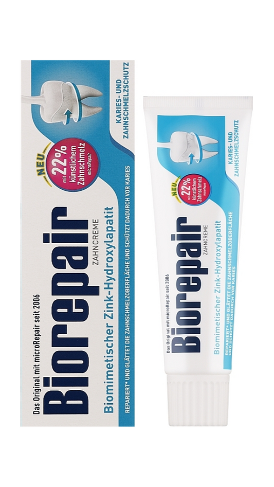 Biorepair toothpaste tube and packaging on a white background