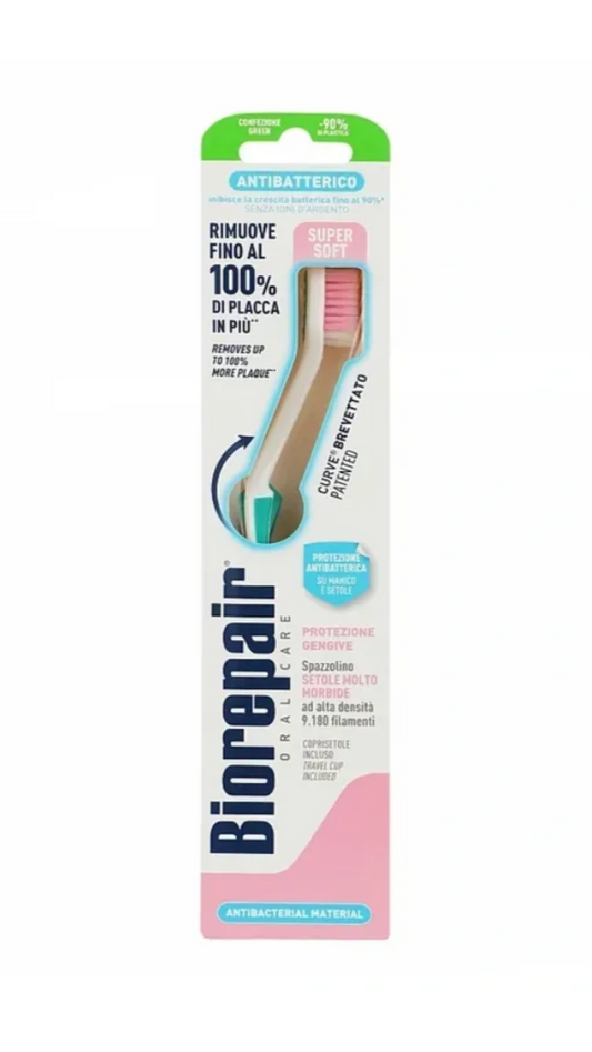 Biorepair toothbrush packaging with a toothbrush inside on a white background