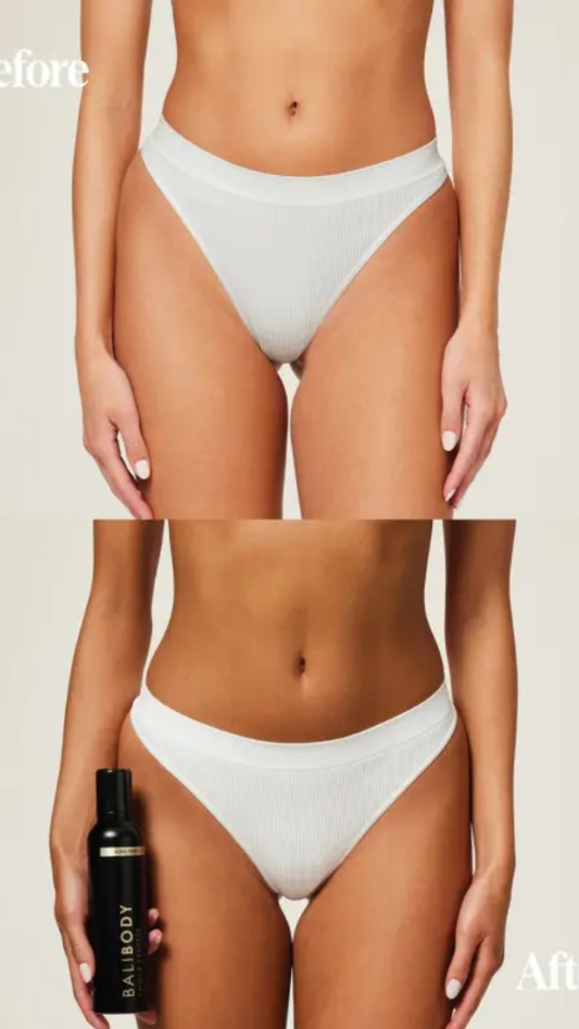 Before and after comparison of a person wearing white underwear with a product labeled 'Balbod'.
