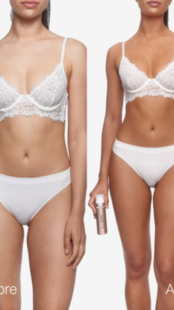 Before and after comparison of a woman wearing white lingerie on a plain background