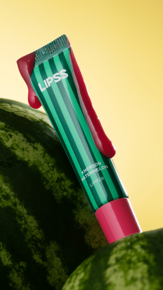 LIPSS lip balm with watermelon flavor on a yellow background