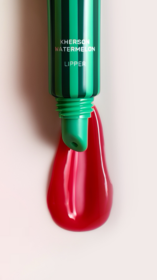 Green and red lip balm with 'Kherson Watermelon' text on a light pink background