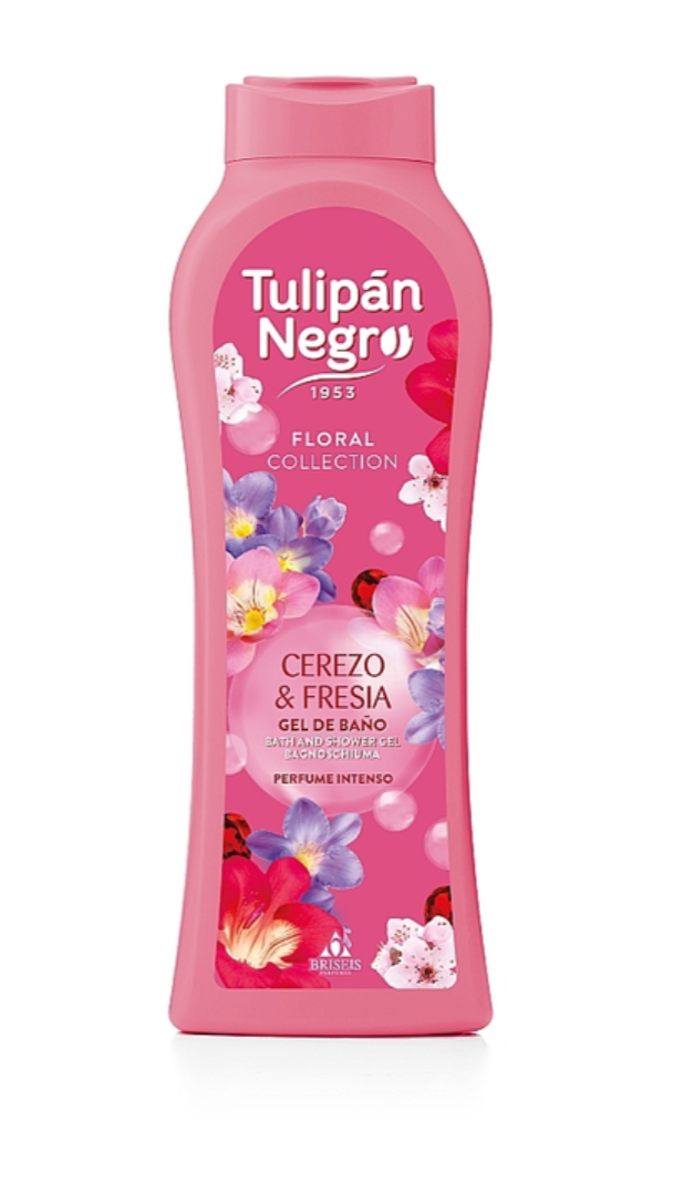 Pink bottle of Tulipón Negro floral collection bath gel with colorful flowers on a white background