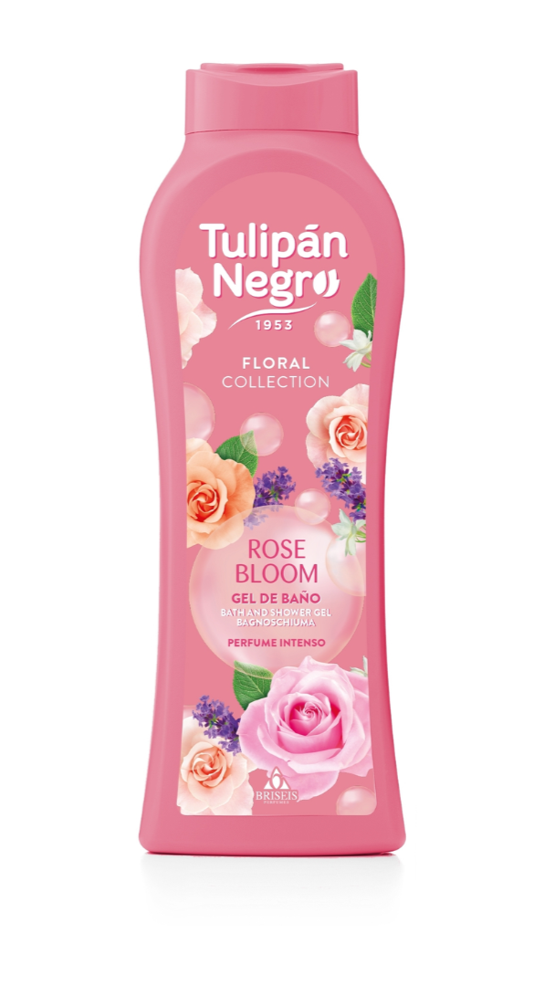 Pink bottle of Tulipón Negro Rose Bloom bath gel on a white background