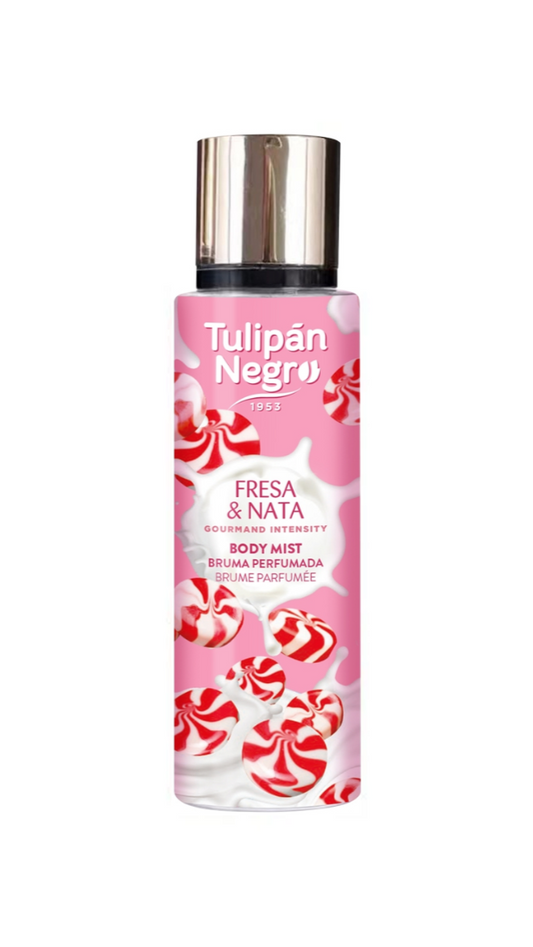 Tulipán Negro body mist bottle with pink label on white background