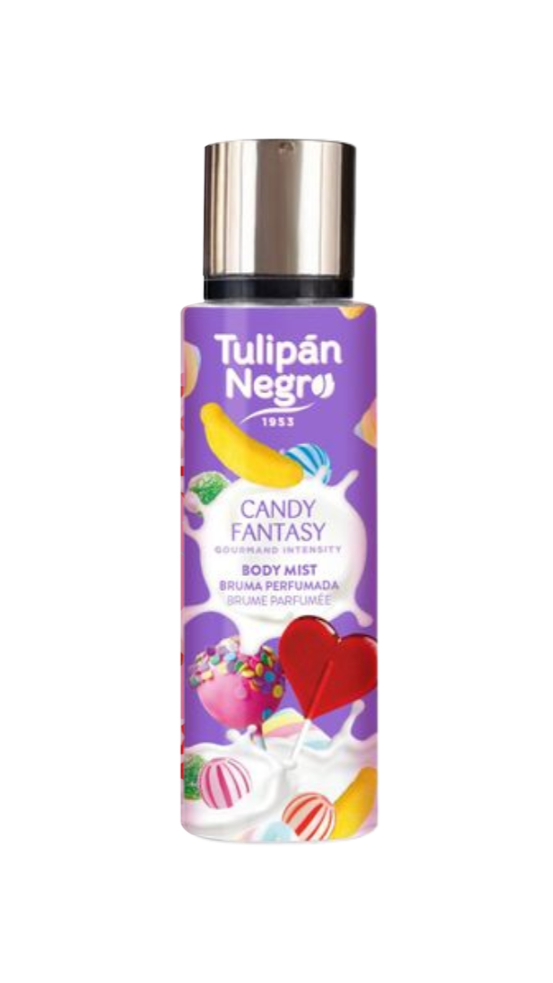 Body mist bottle with colorful label on a white background