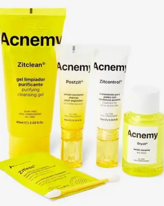 A set of five Acnemy zit control products including a gel, cream, serum, spot treatment, and patch, packaged in yellow and white tubes and bottles.