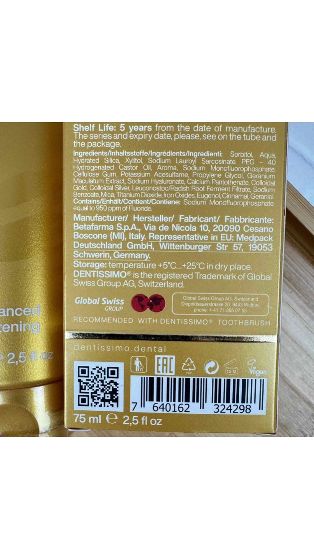 Зубна паста Advanced Whitening Gold Передове відбілювання Золота (фтор 950) 75ml, Dentissimo