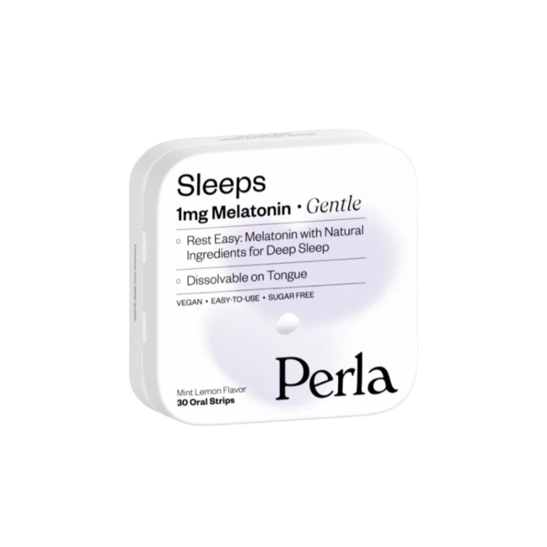Packaging of Perla melatonin sleep aid with mint flavor, showing the product name and melatonin concentration, in a white and green design.