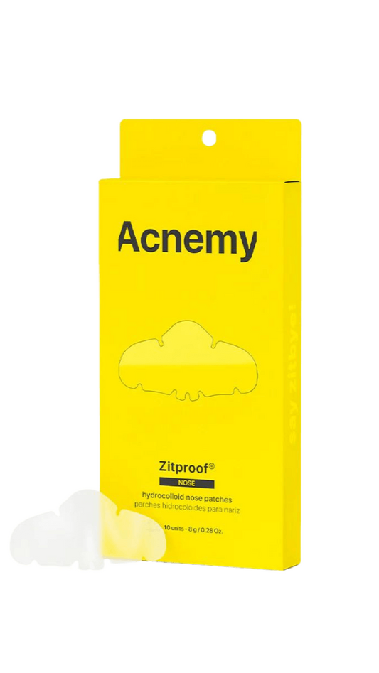 Packaging of Acnemy Zitproof Nose plastic patches for acne treatment, with a yellow background and a cloud graphic indicating the product's effectiveness in clearing acne.