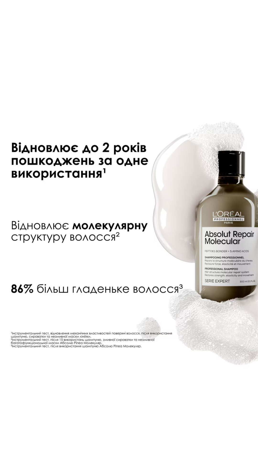 Шампунь для молекулярного відновлення структури пошкодженого волосся Absolut Repair Molecular Professional Shampoo 300ml,  L'Oreal Professionnel
