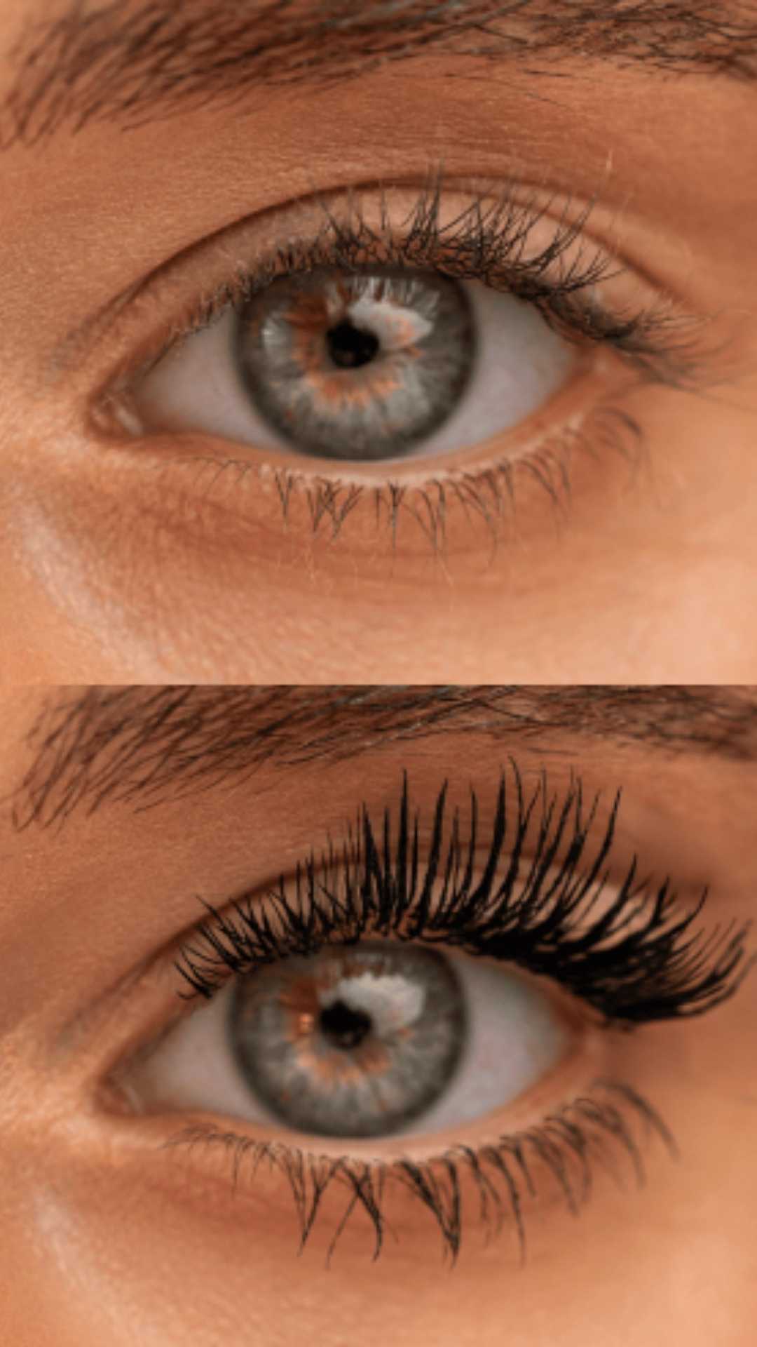 Close-up of a person's eye with and without eyelashes