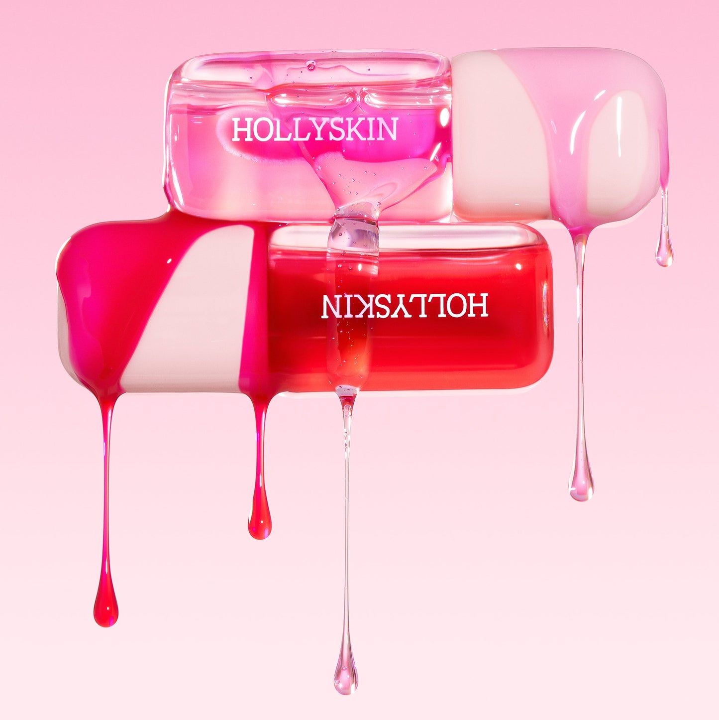 Hollyskin cosmetic product with pink and red liquid on a pink background