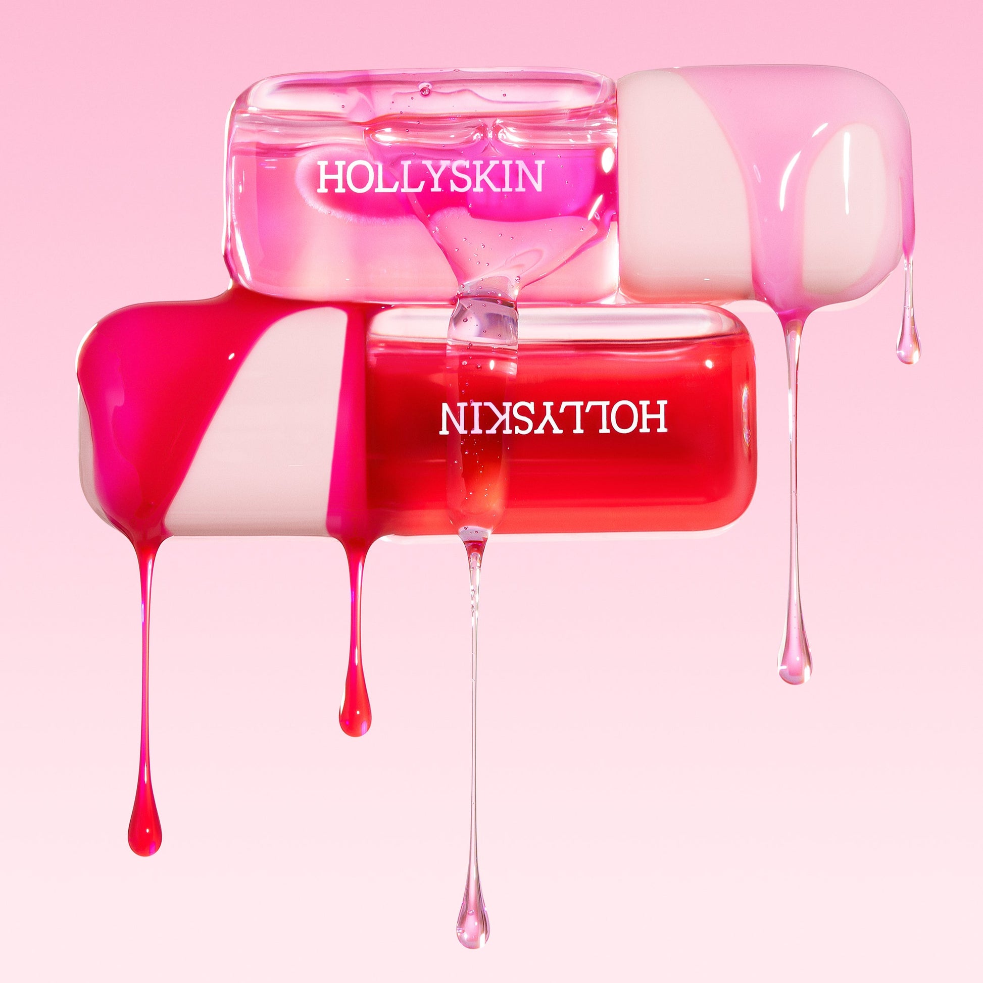 Hollyskin cosmetic product with pink and red liquid on a pink background