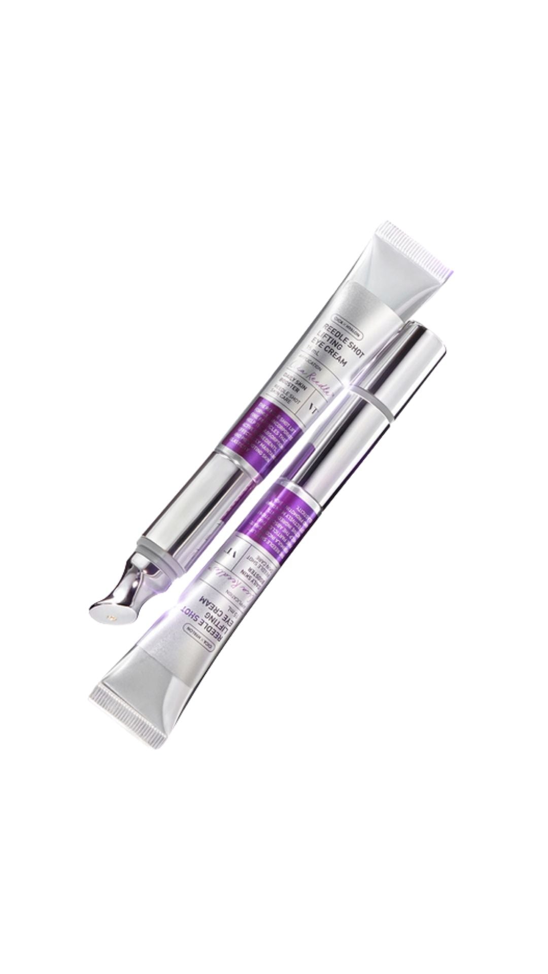 Two skincare serum tubes with purple labels on a white background